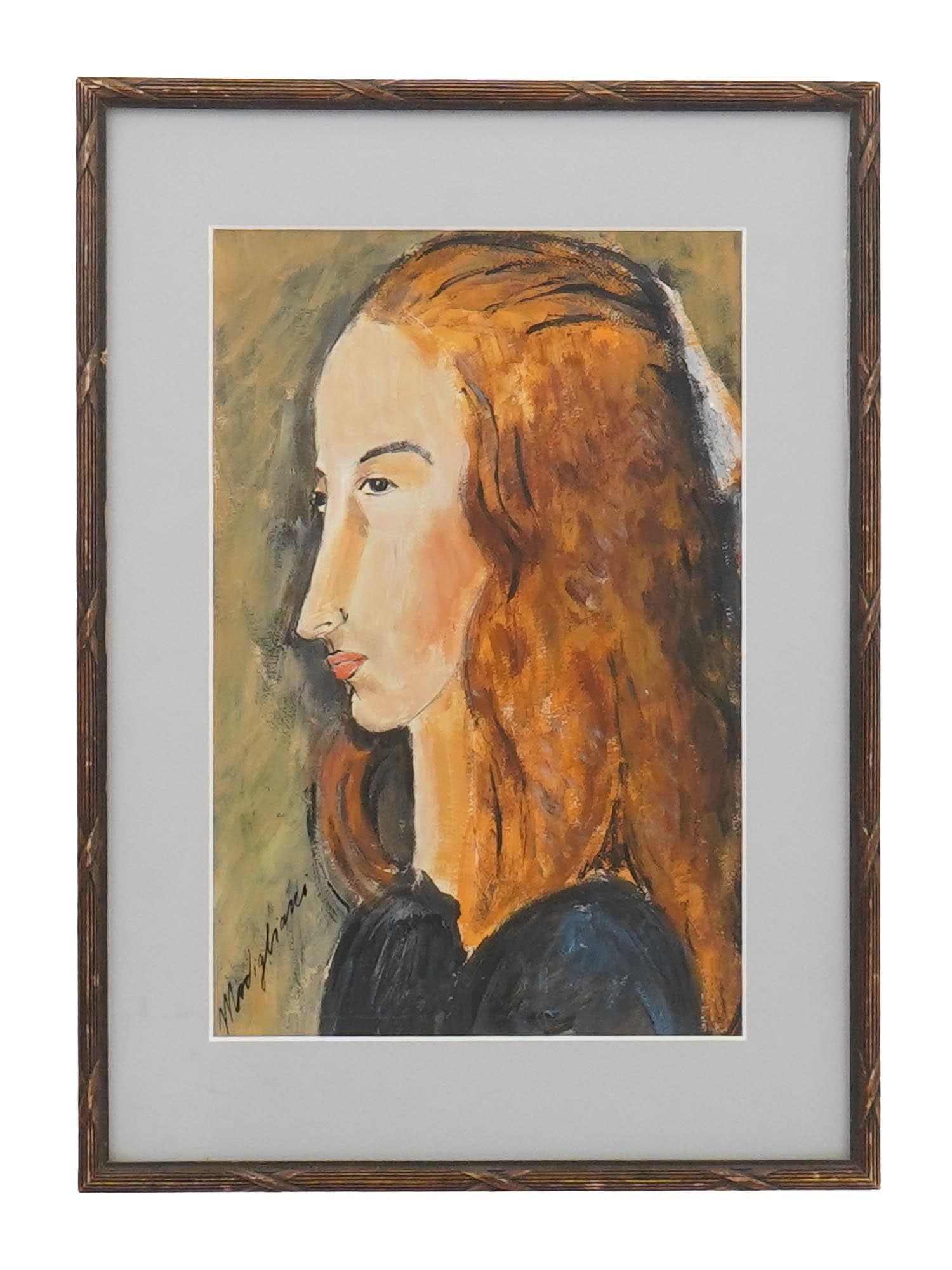 AFTER AMEDEO MODIGLIANI MIXED MEDIA PORTRAIT PAINTING: After Amedeo Modigliani, Italian, 1884 to 1920, an mixed media painting on paper depicting a portrait of Jeanne Hebuterne. Signed lower left. The work captures Modiglianis characteristic elongated for