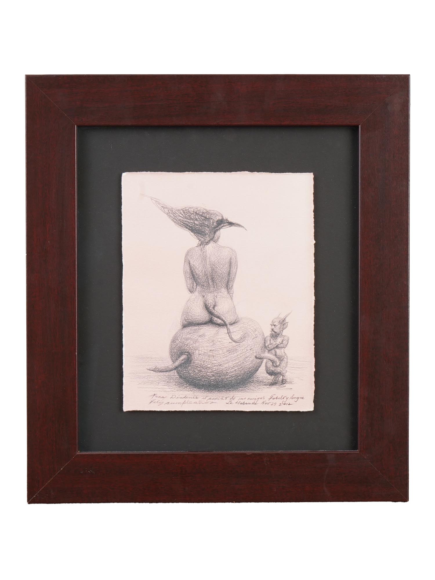 ROBERTO FABELO MODERNIST PORTRAIT PENCIL PAINTING W COA: Roberto Fabelo, Cuban born 1950, a pencil painting on cardboard depicting a surreal portrait of a nude woman sitting on a fruit and a small, bearded, horned creature, holding an exaggerated phallus. I