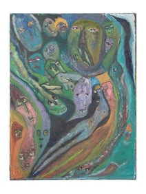 MID CENTURY SURREALIST PAINTING OF VARIOUS FIGURES