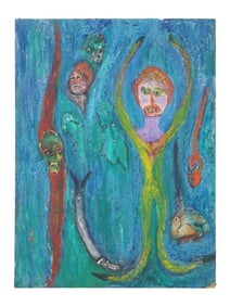 MID CENTURY SURREALIST PAINTING OF VARIOUS FIGURES