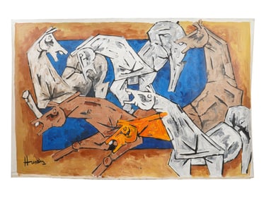 SIGNED MF HUSAIN INDIAN ACRYLIC PAINTING WITH COA