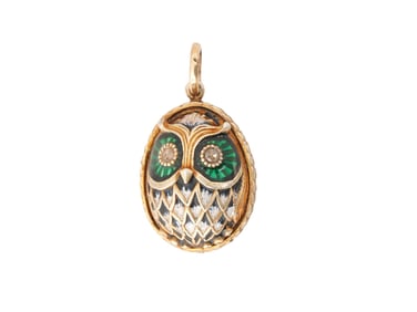 RUSSIAN GOLD SILVER ENAMEL OWL EGG PENDANT W DIAMONDS