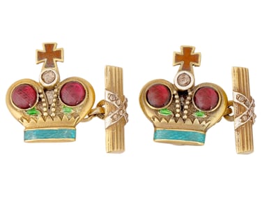 RUSSIAN SILVER ENAMEL GEMS DIAMONDS CROWN CUFFLINKS