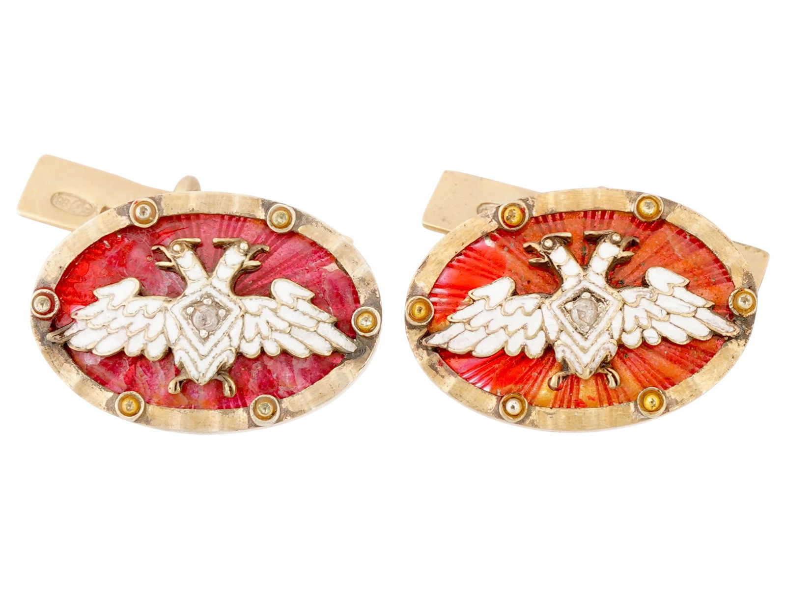 RUSSIAN GILT SILVER GUILLOCHE ENAMEL DIAMOND CUFFLINKS (1 of 6)