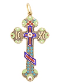 RUSSIAN GILT SILVER CLOISONNE ENAMEL CROSS PENDANT