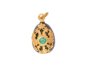 RUSSIAN SILVER BLACK JADE EASTER EGG PENDANT W EMERALD