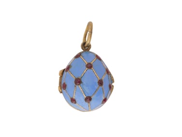 RUSSIAN SILVER ENAMEL EGG LOCKET PENDANT W RUBIES