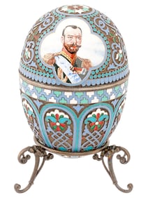 LARGE RUSSIAN 84 GILT SILVER ENAMEL EASTER EGG W STAND