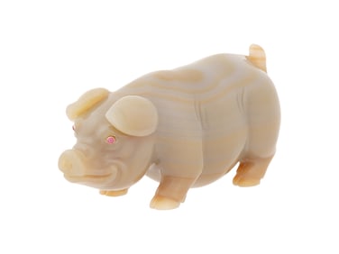 RUSSIAN CARVED AGATE FIGURE OF PIG W GOLD RUBY EYES