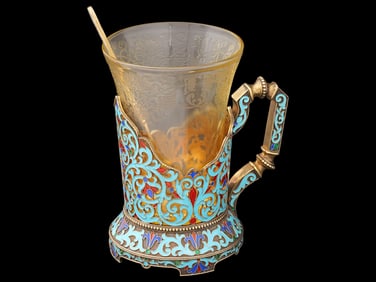 RUSSIAN SILVER ENAMEL GLASS HOLDER W GLASS AND SPOON