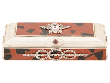 RUSSIAN SILVER ENAMEL JASPER AND JADE BOX W GEMSTONES