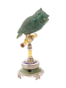 RUSSIAN SILVER ENAMEL JADE EMERALD OWL FIGURE W STAND