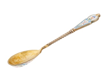 RUSSIAN 84 GILT SILVER CLOISONNE ENAMEL SERVING SPOON
