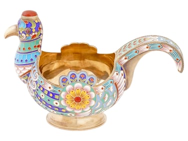 RUSSIAN GILT SILVER CLOISONNE GEMS ROOSTER KOVSH