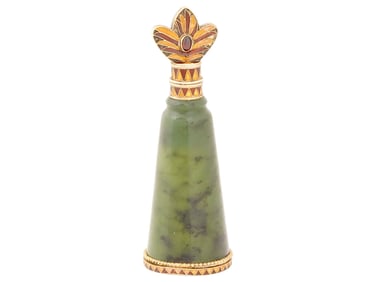RUSSIAN GILT SILVER ENAMEL NEPHRITE PERFUME BOTTLE
