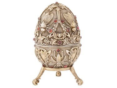 RUSSIAN SILVER GEMSTONE BUG EASTER EGG WITH STAND