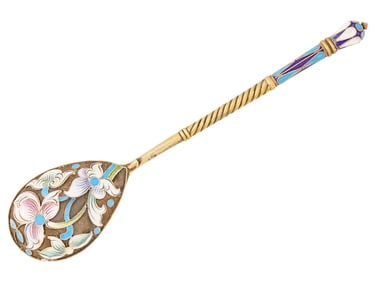 RUSSIAN GILT SILVER CLOISONNE ENAMEL TEA SPOON