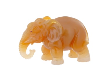 RUSSIAN CARVED AGATE RUBY GOLD ELEPHANT FIGURINE