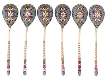 6 RUSSIAN GILT SILVER ENAMEL DEMITASSE COFFEE SPOONS