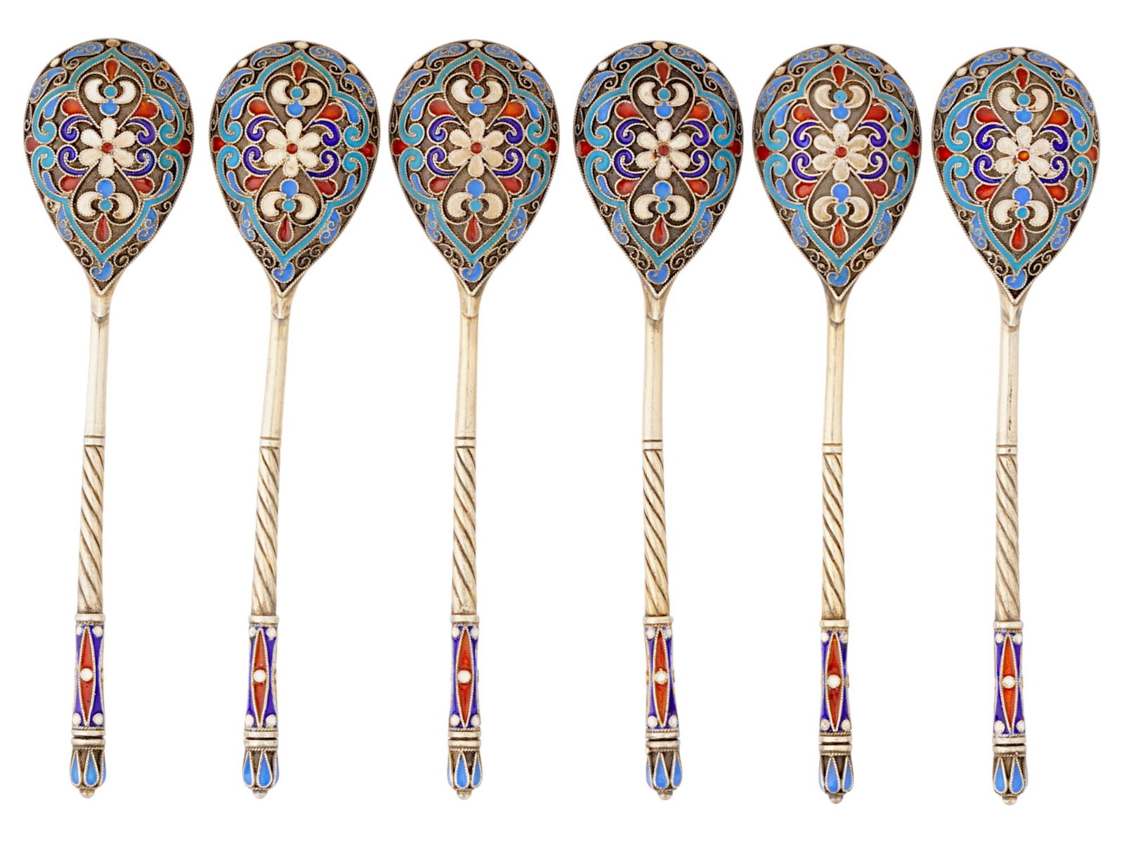 6 RUSSIAN GILT SILVER ENAMEL DEMITASSE COFFEE SPOONS (1 of 8)