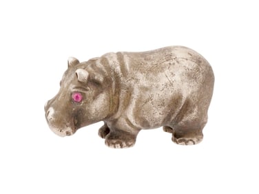 RUSSIAN SOLID SILVER FIGURINE OF HIPPO W GEMSTONE EYES