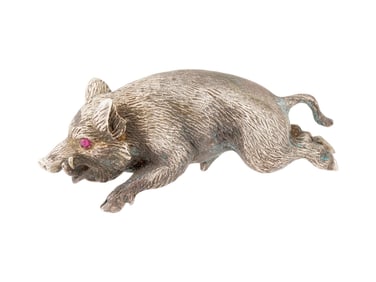 RUSSIAN SOLID SILVER RUNNING BOAR FIGURE W RUBY EYES