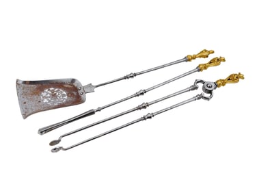 ANTIQUE 18TH C BRONZE AND STEEL FIREPLACE TOOLS SET