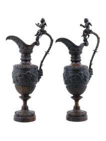 ANTIQUE FRENCH NEO RENAISSANCE BRONZE EWERS CA 1860S