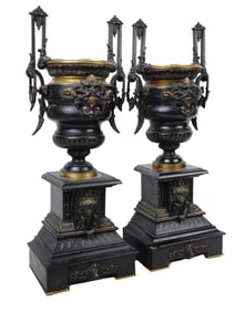 PAIR OF ANTIQUE BRONZE MANTEL VASES W MASCARONS