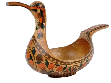 ANTIQUE RUSSIAN FOLK ART PAINTED WOODEN BIRD KOVSH