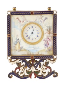 ANTIQUE FRENCH BRONZE PORCELAIN ENAMEL TABLE CLOCK