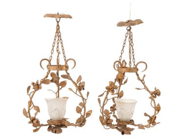 PAIR OF 1920S ART DECO CHANDELIERS W CUT GLASS SHADES
