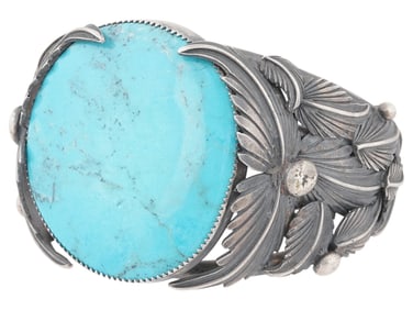 AMERICAN OLD PAWN SILVER CUFF BRACELET W TURQUOISE STONE