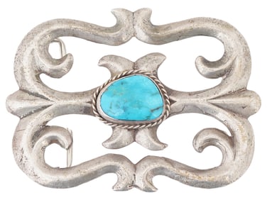 AMERICAN CAST INGOT SILVER BELT BUCKLE W TURQUOISE