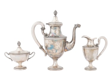 RUSSIAN SILVER SET COFFEE POT CREAMER AND SUGAR BOWL