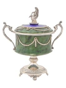 IMPERIAL RUSSIAN SILVER ENAMEL NEPHRITE GARNET VASE