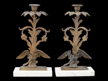PAIR OF BRONZE FIGURAL CANDLE STICKS W MARBLE BASE