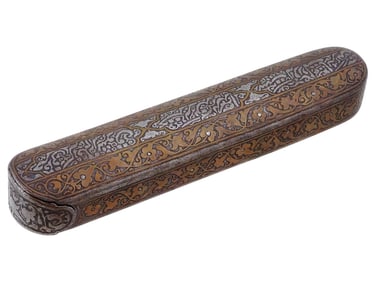 ANTIQUE PERSIAN QAJAR SILVER INLAY QALAMDAN PEN BOX