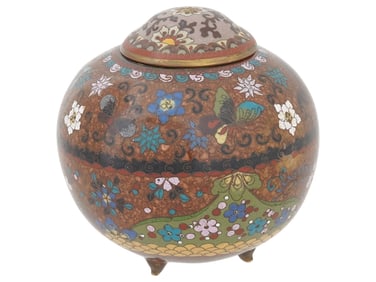 JAPANESE GLOBULAR COVERED CLOISONNE ENAMEL JAR
