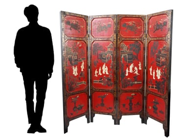 ANTIQUE FOUR FOLD CHINESE RAISED LACQUER ROOM SCREEN