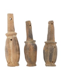 THREE ANCIENT CERAMIC GOURD SHAPED RATTLES WITH HANDLES