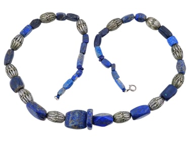 ANCIENT LAPIS LAZULI AND SILVER BEADED NECKLACE