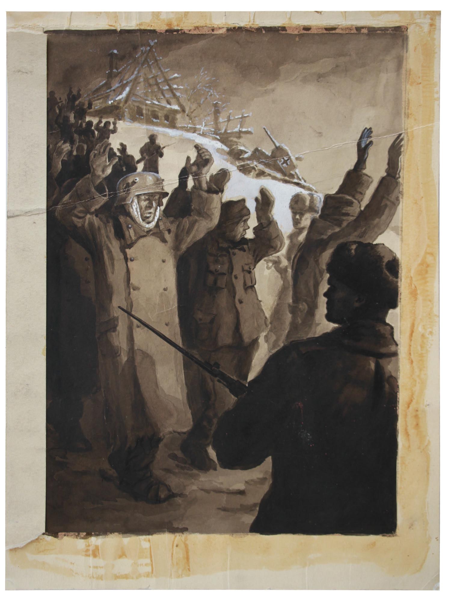 A E. MALOLETKOV SOVIET WWII ILLUSTRATION PAINTING: An original Evgeny Maloletkov (1915-1961) watercolor on paper painting Captured. Signed and titled in Russian on the back. THIS LOT IS ELIGIBLE FOR A 30-DAY UNCONDITIONAL RETURN FROM THE DATE