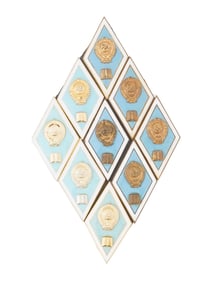 COLLAGE OF NINE SOVIET ERA TEACHER AWARD BADGES