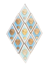COLLAGE OF NINE SOVIET ERA TEACHER AWARD BADGES