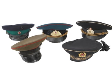 GROUP OF FIVE VINTAGE SOVIET ARMED FORCES PEAKED CAPS