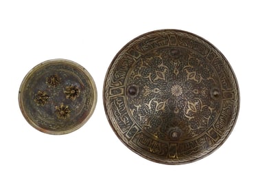 TWO ANTIQUE PERSIAN HANDMADE ENGRAVED SHIELDS