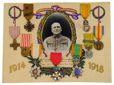 WWI ERA FRENCH MILITARY COLLAGE WITH MEDALS AND BADGES