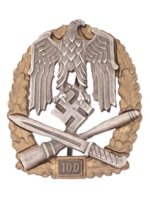 WWII NAZI GERMAN SILVER GENERAL ASSAULT 100 BADGE