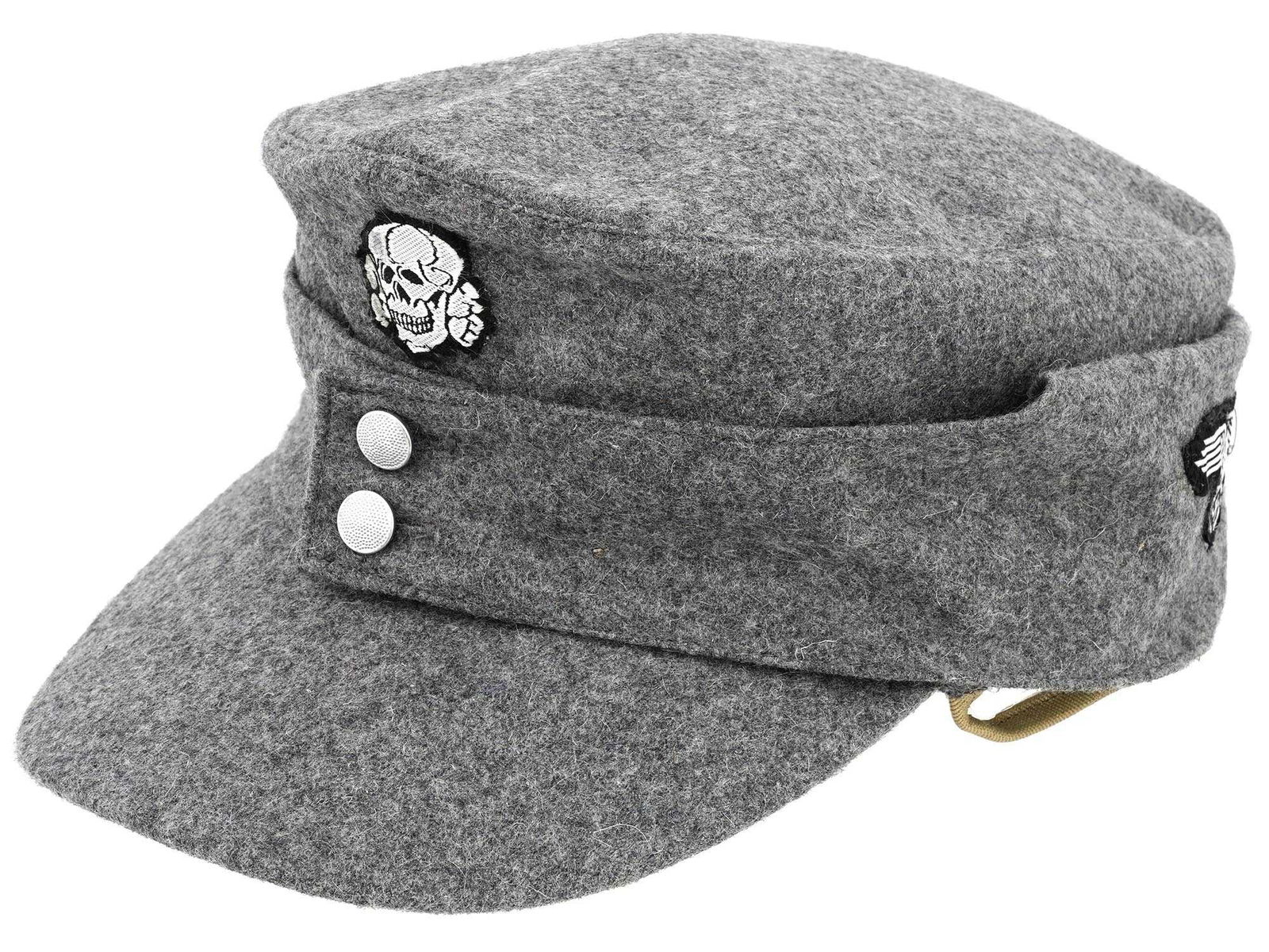 WWII NAZI GERMAN WAFFEN SS GREY WOOL FIELD CAP: A World War II model Nazi German Waffen SS peaked field cap made of grey wool. Reichsadler with swastika patch on the side, Totenkopf patch on the front. Traces of an SS RZM stamp on the inside. Secon